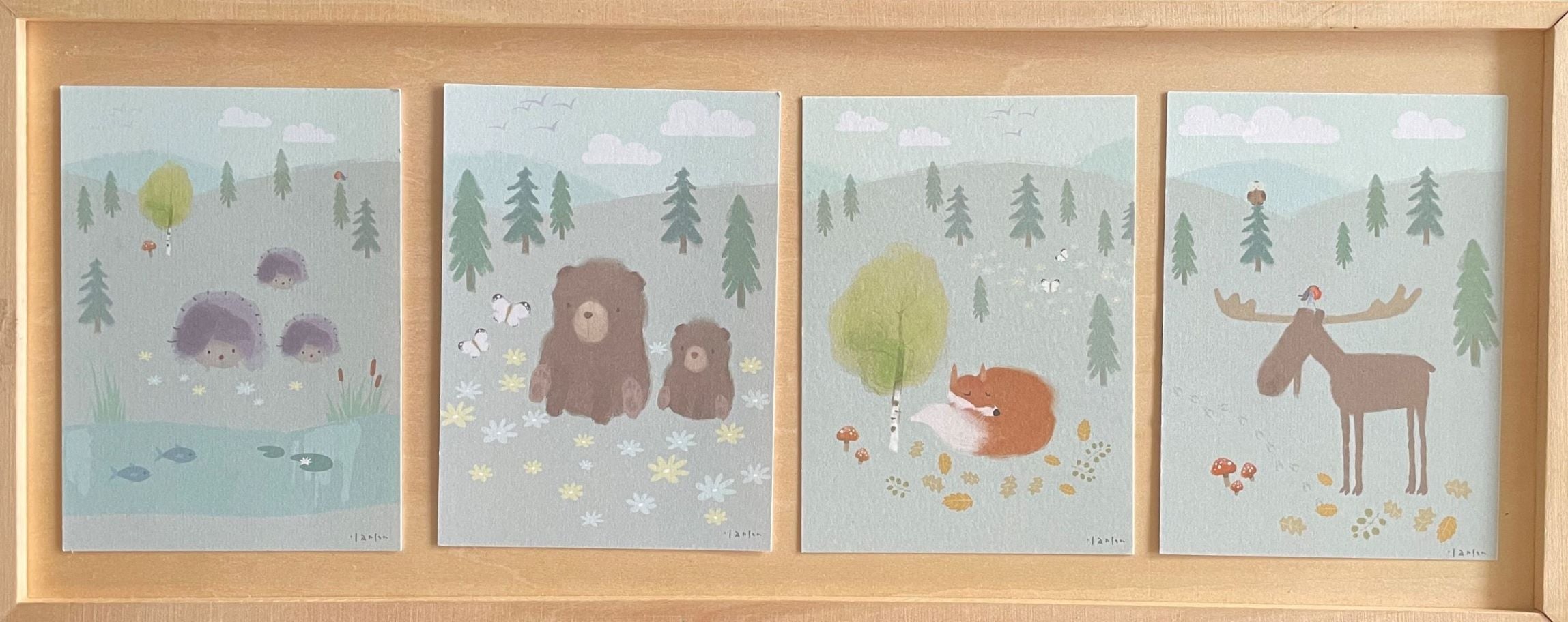 Greeting card, gift card, card for children, art card, Norwegian design, Oscar Jansen, Oscart, Nordic forest, picture, card, gift, animal motif, moose, fox, bear, hedgehog, baby, baby shower, children's room, greeting card baby, greeting card children, interior children's room